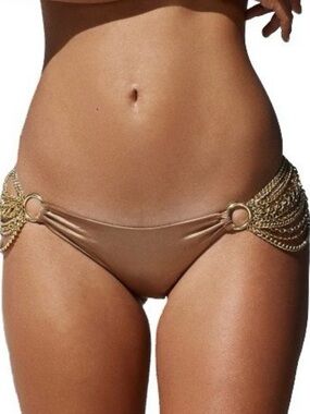 Beach Bunny Metallic Bronze Bikini Bottoms with Gold Chain Details